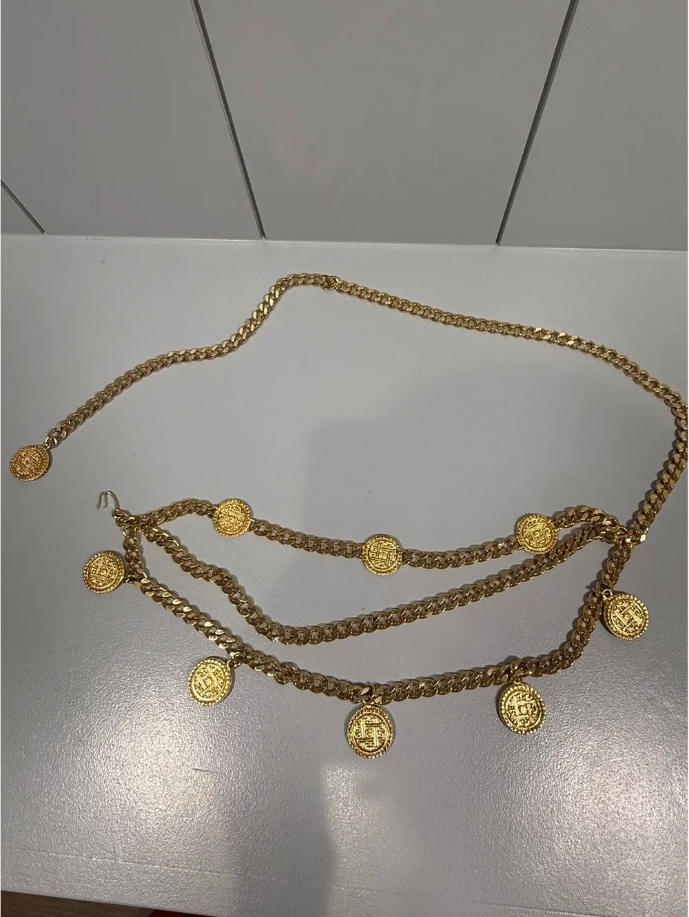 Vintage French Baroque Chain Belt Fleur de Lis Medallion Statement Gold Tone
